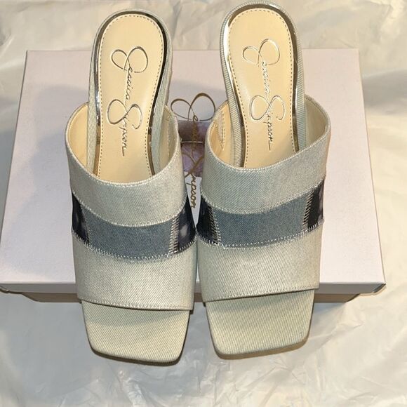 Jessica Simpson Blue Denim Patchwork Slip on Wedge Heel Sandals(Size 9W) - Picture 8 of 12
